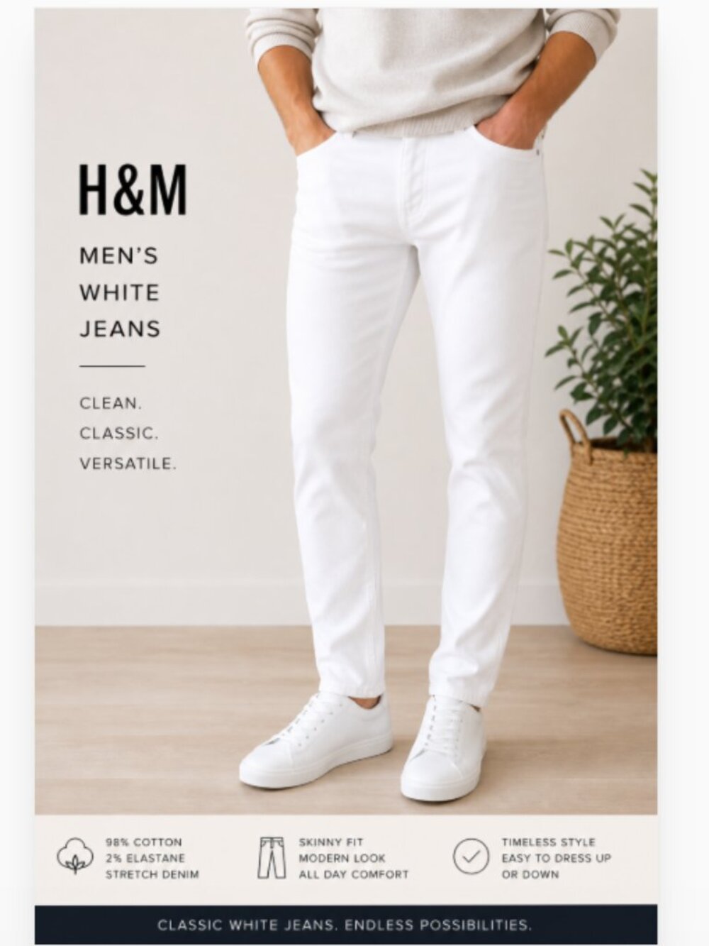 H&M Men’s White Jeans Size 34 SKINNY FIT